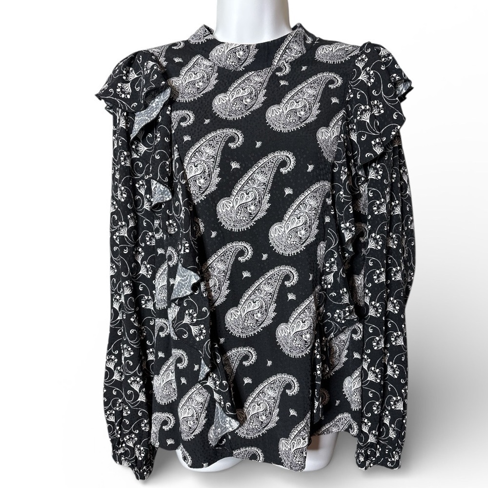 Ted Baker Tiasey High Neck Top Waterfall Frill Women’s XL Black Paisley Retro